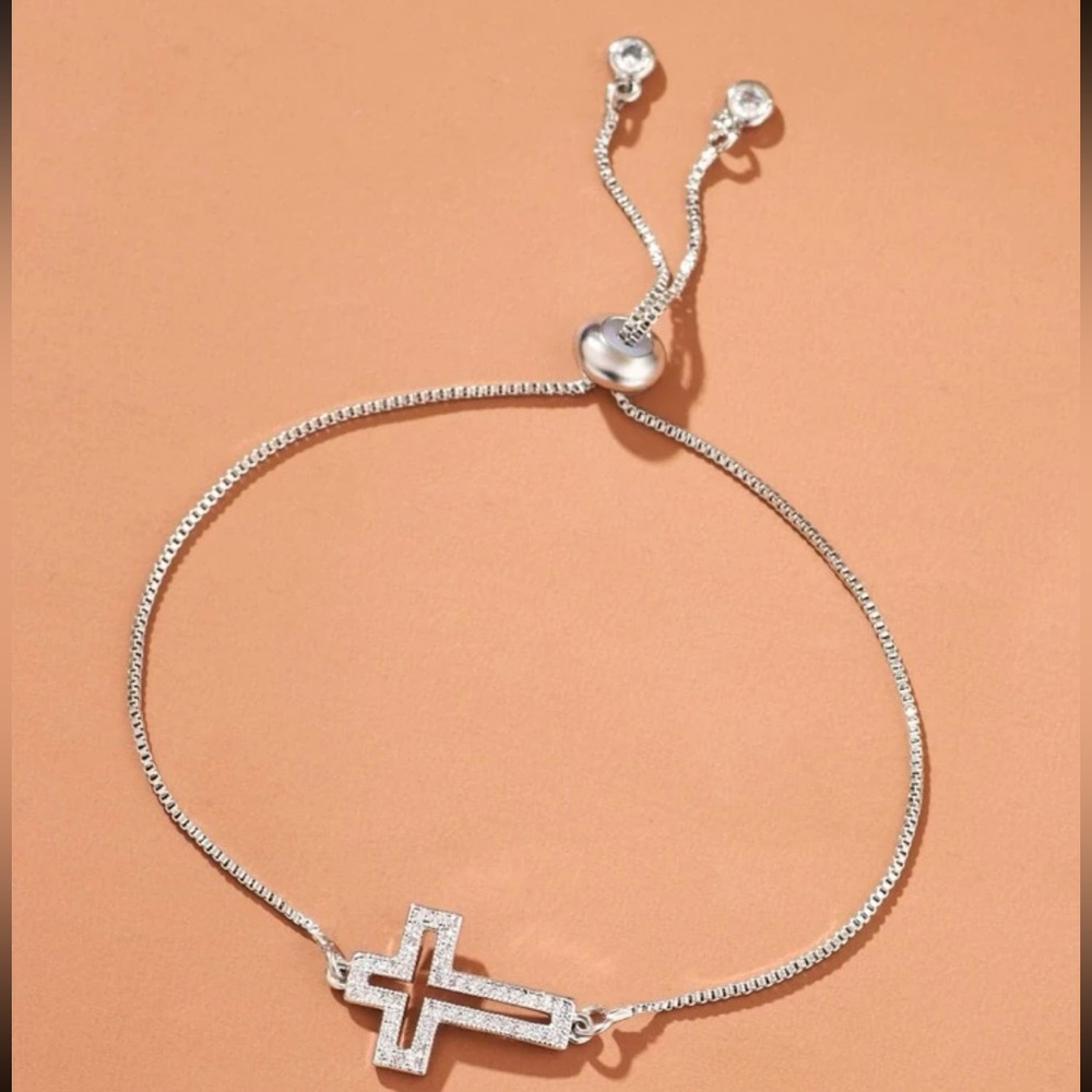 Silver Sideways Cross And Cubic Zirconia Bracelet, Gold Cross Bracelet - Picture 2 of 3